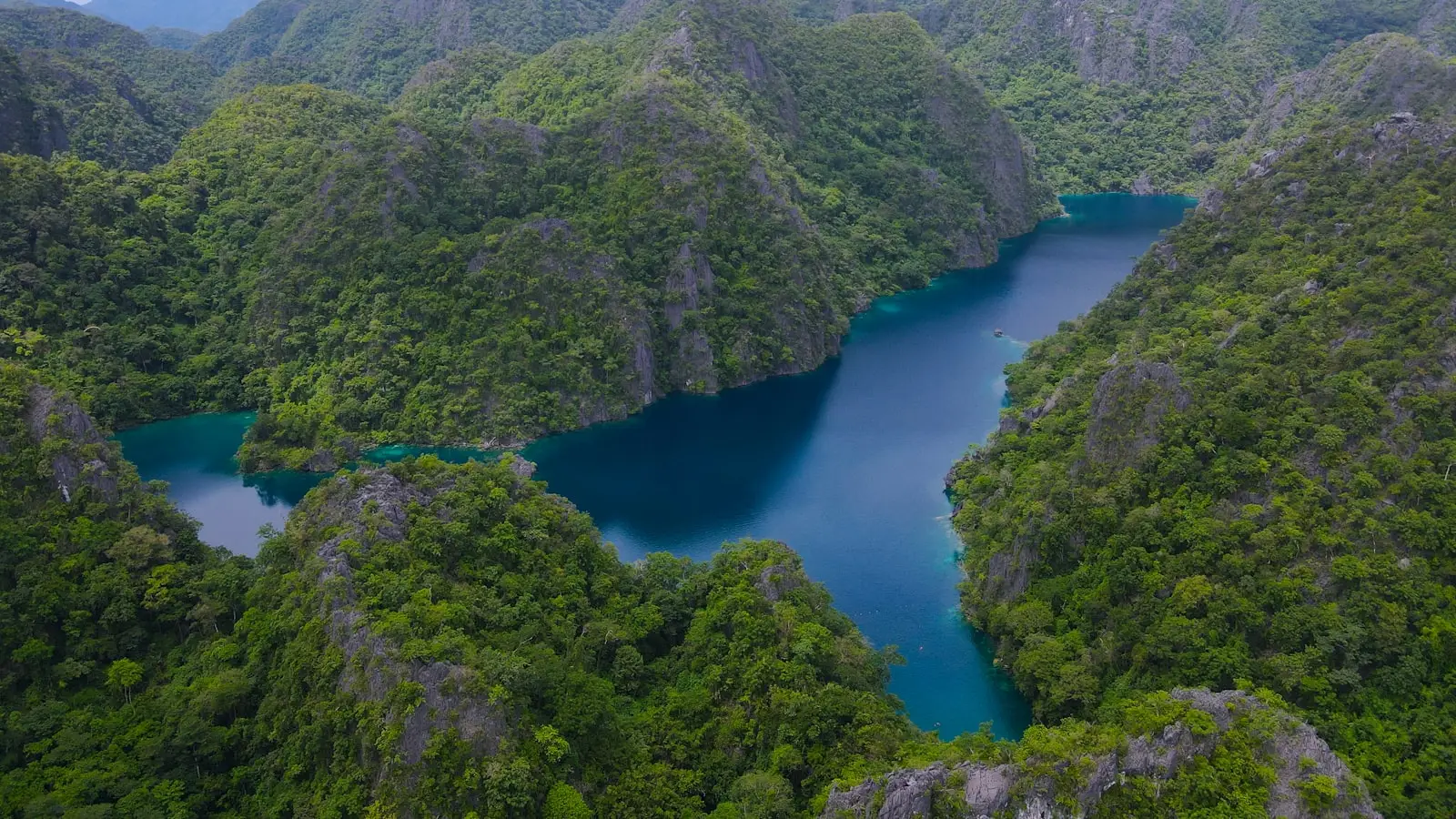 A boat on a blue lake ringed by steep green limestone cliffs in Coron, Palawan
