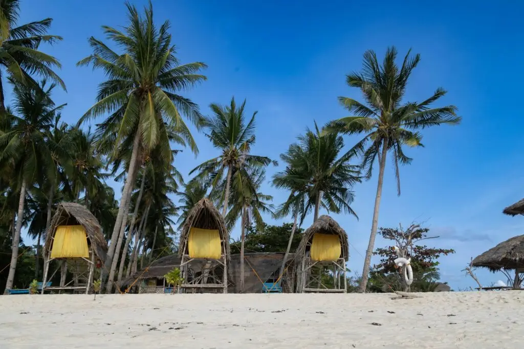 Tropical beachfront with palm trees and thatched huts at an El Nido Palawan mid-range resort