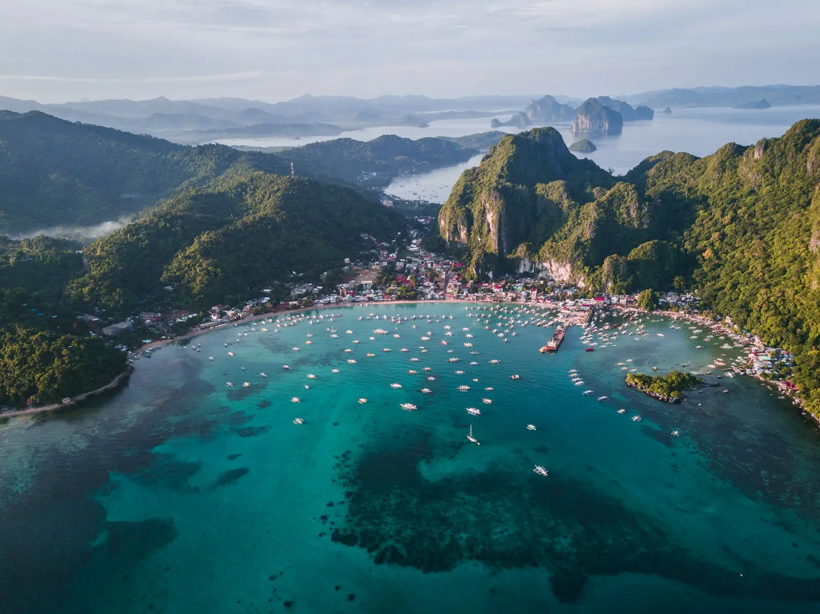 Aerial view of El Nido Palawan showing limestone cliffs and turquoise Bacuit Bay