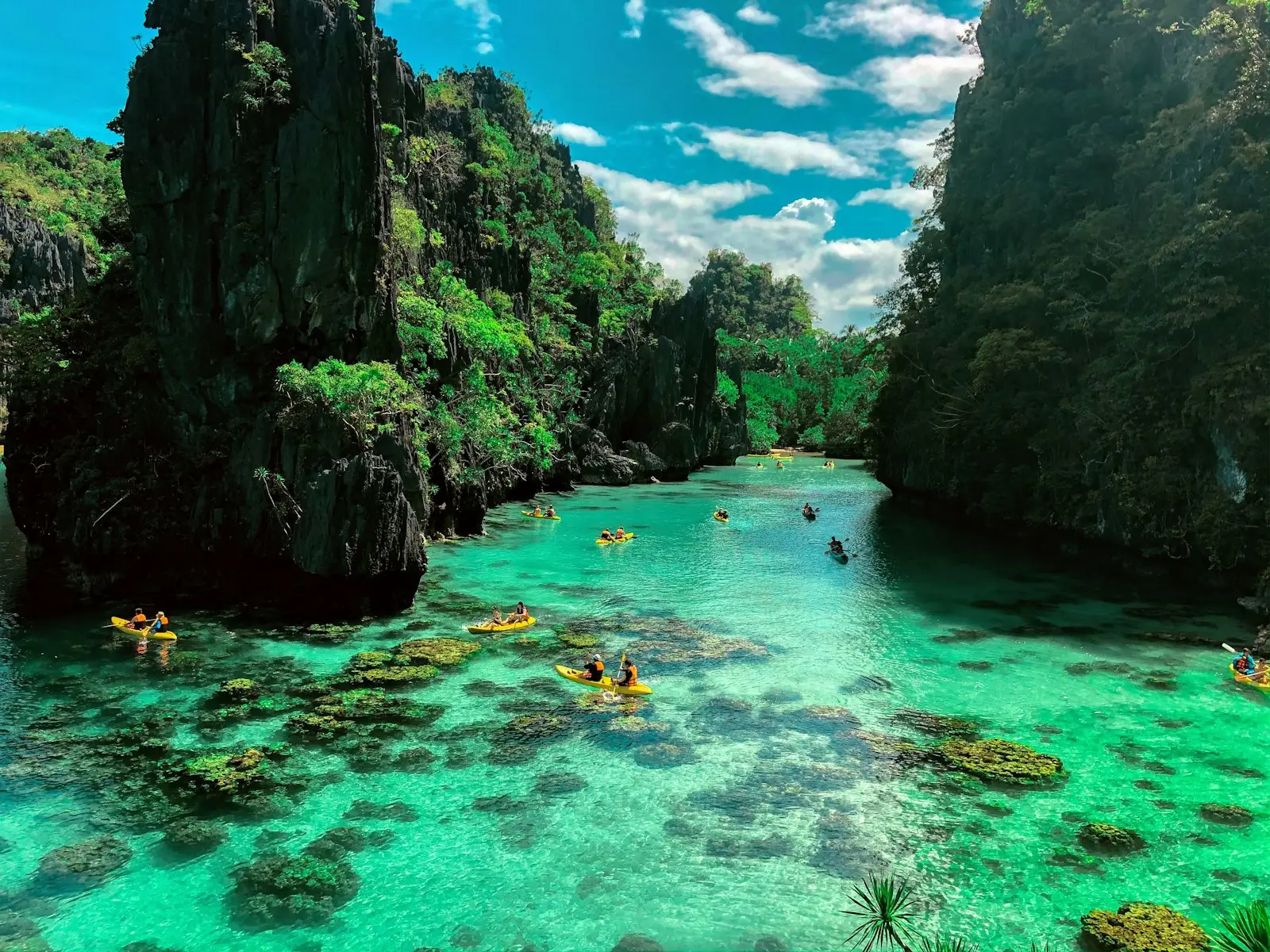 People swimming near towering limestone cliffs in El Nido Town, Palawan