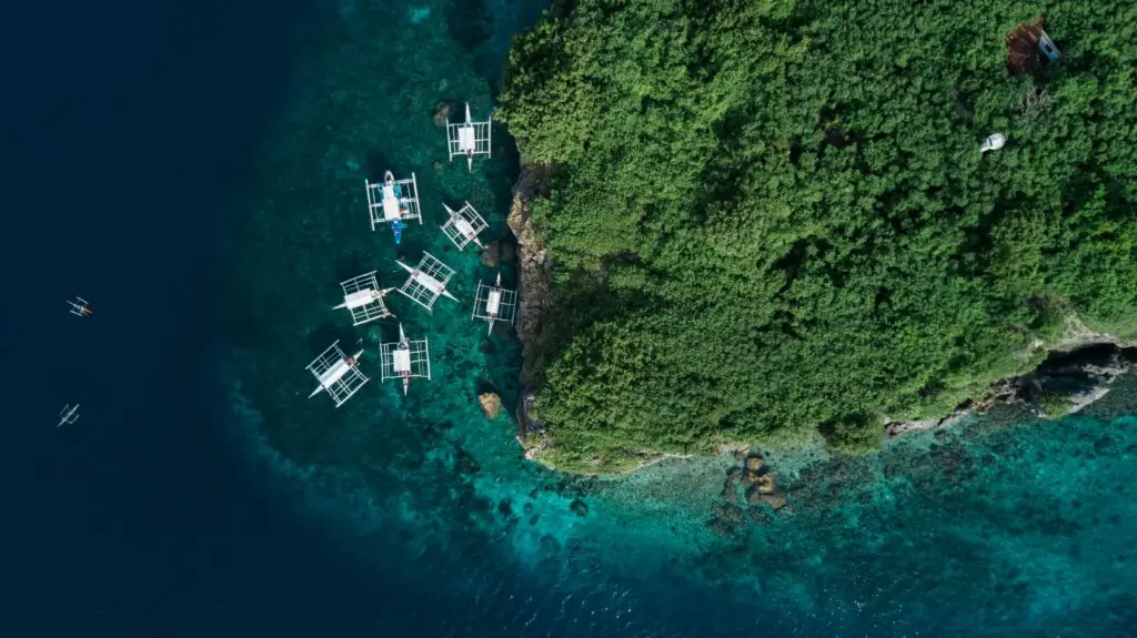 Aerial view of boats near Moalboal, Cebu, Philippines